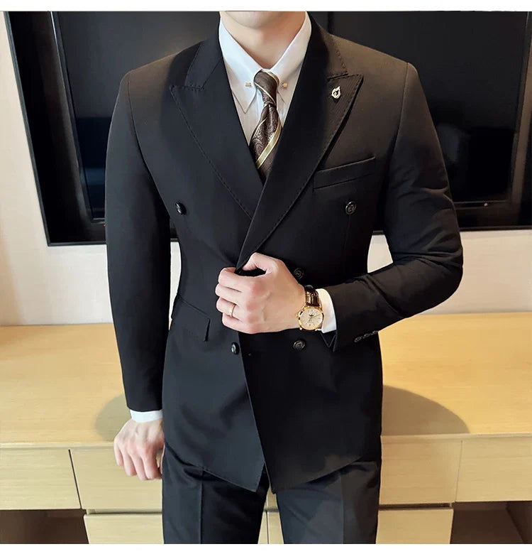 Men's Double Breasted Slim Fit Suit Set – Wedding & Smart Casual – Navy Blue, Brown, Black