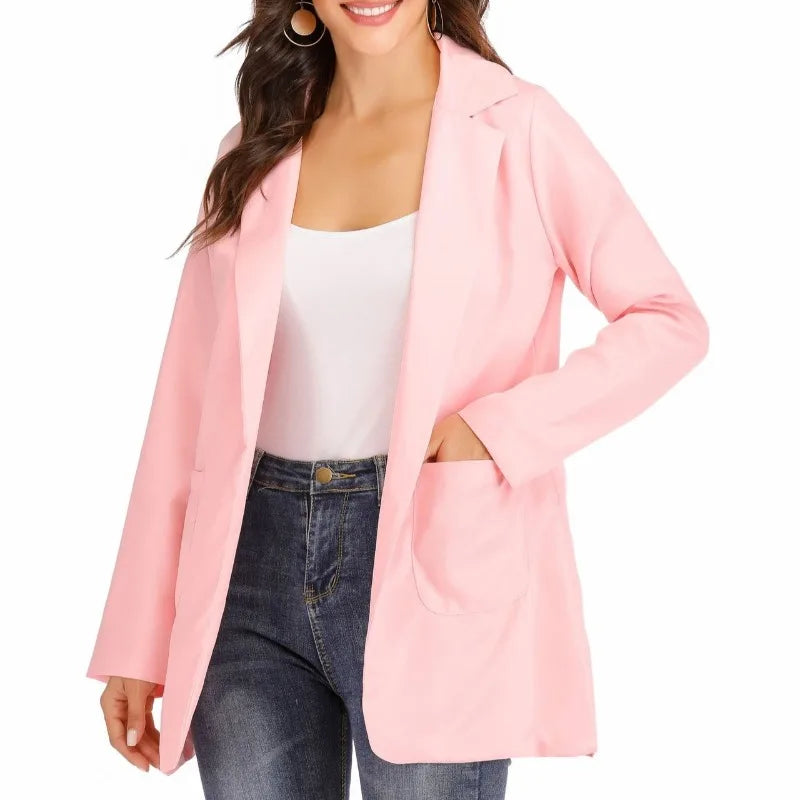 Women's Casual Blazer Notched Lapel Long Sleeve Open Jacket with Pockets Slim Fit Spring Autumn Office Lady Streetwear Coat
