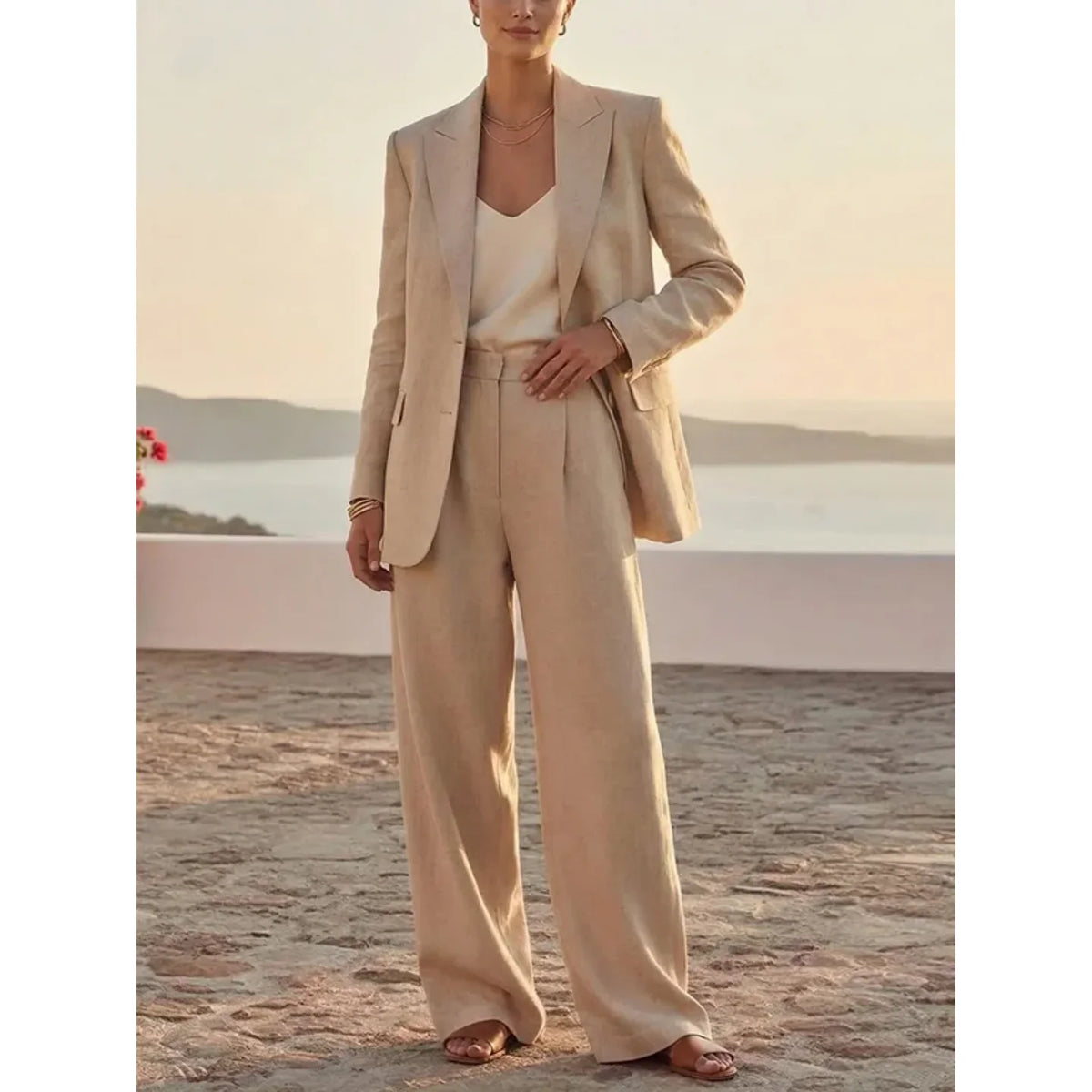 Beige Linen Blend Women's 2 Piece Pants Suit Casual Formal Business Office Wear Modest Blazer Wide Leg Trousers Set Customized