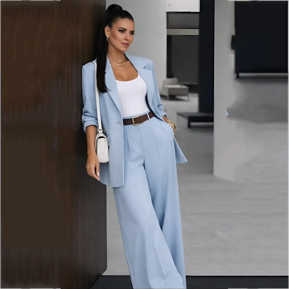 Sky Blue Women Suit Customzied Notch Lapel Single Button Blazer Pants Straight Chic Business Outfit For Office Work Daily Wear