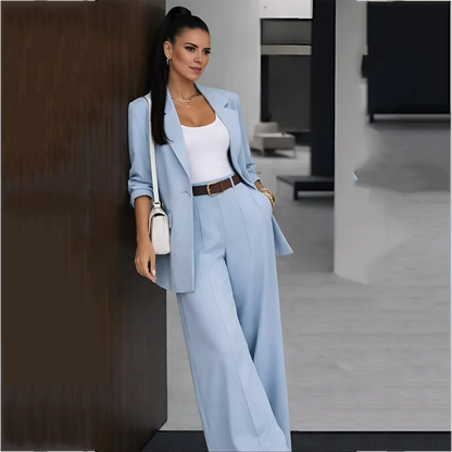 Sky Blue Women Suit Customzied Notch Lapel Single Button Blazer Pants Straight Chic Business Outfit For Office Work Daily Wear