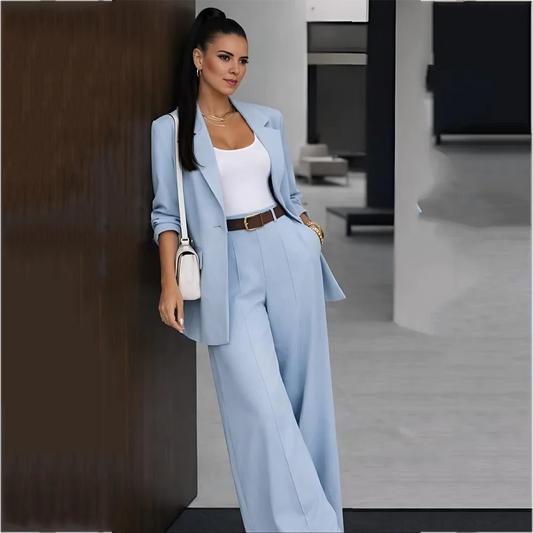 Sky Blue Women Suit Customzied Notch Lapel Single Button Blazer Pants Straight Chic Business Outfit For Office Work Daily Wear