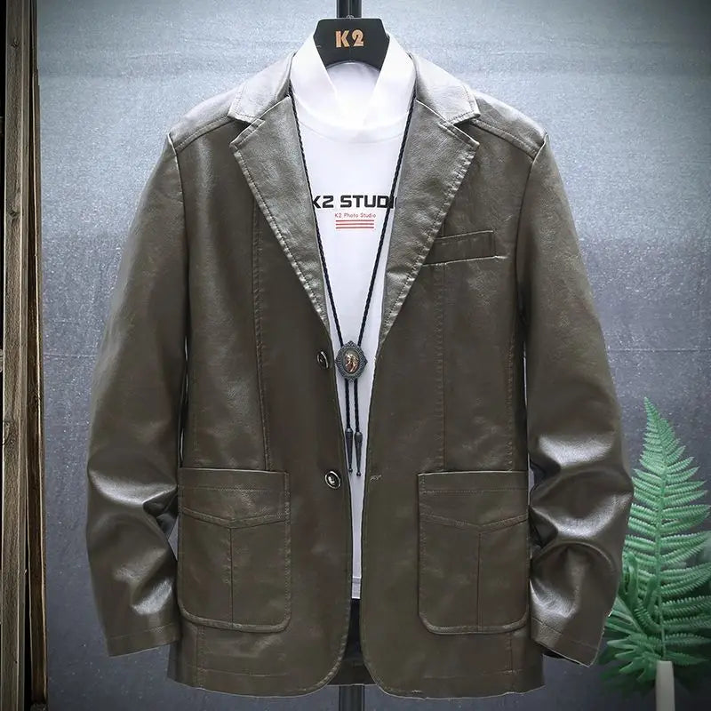 Men's Faux Leather Blazer Jacket Autumn Winter Warm Fleece Lined Casual Versatile Outerwear