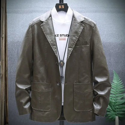 Men's Faux Leather Blazer Jacket Autumn Winter Warm Fleece Lined Casual Versatile Outerwear