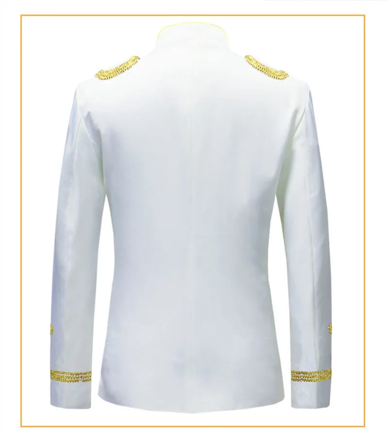 Men's European Style Stand Collar Zipper Blazer Golden Rope Detail Cosplay Middle Ages Tuxedo for Stage Performances And Parties