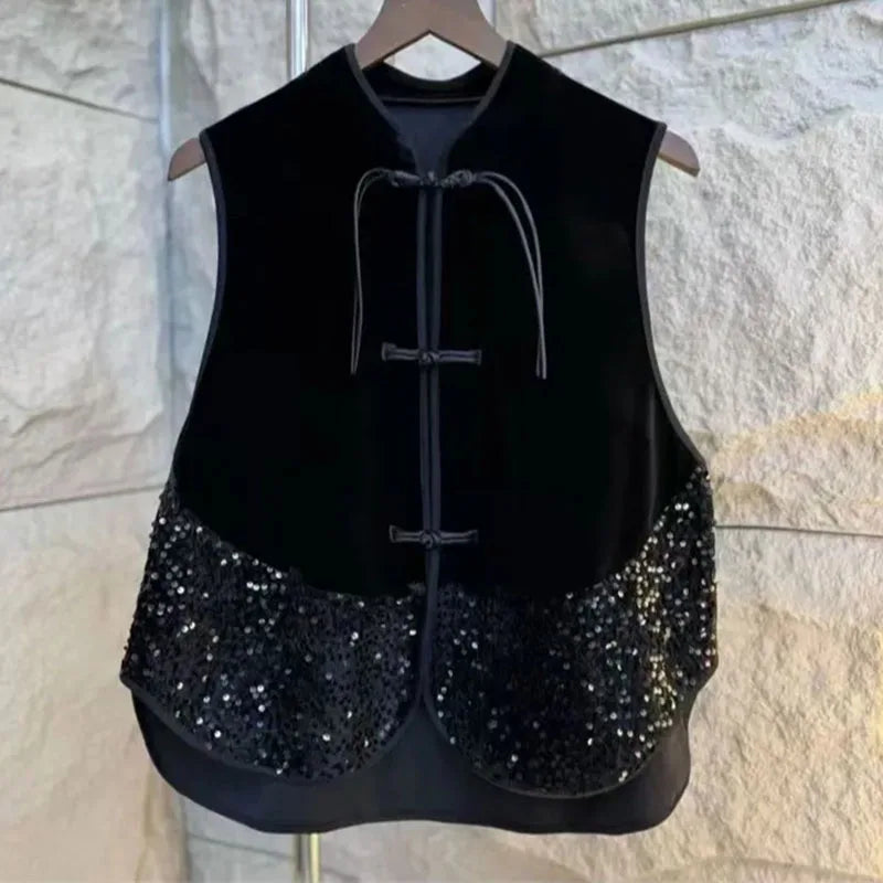 Retro Female New Patchwork Waistcoat Tops Spring Autumn Women High-end Vest Coat Ladies Fashion Casual Velvet Sleeveless Jacket