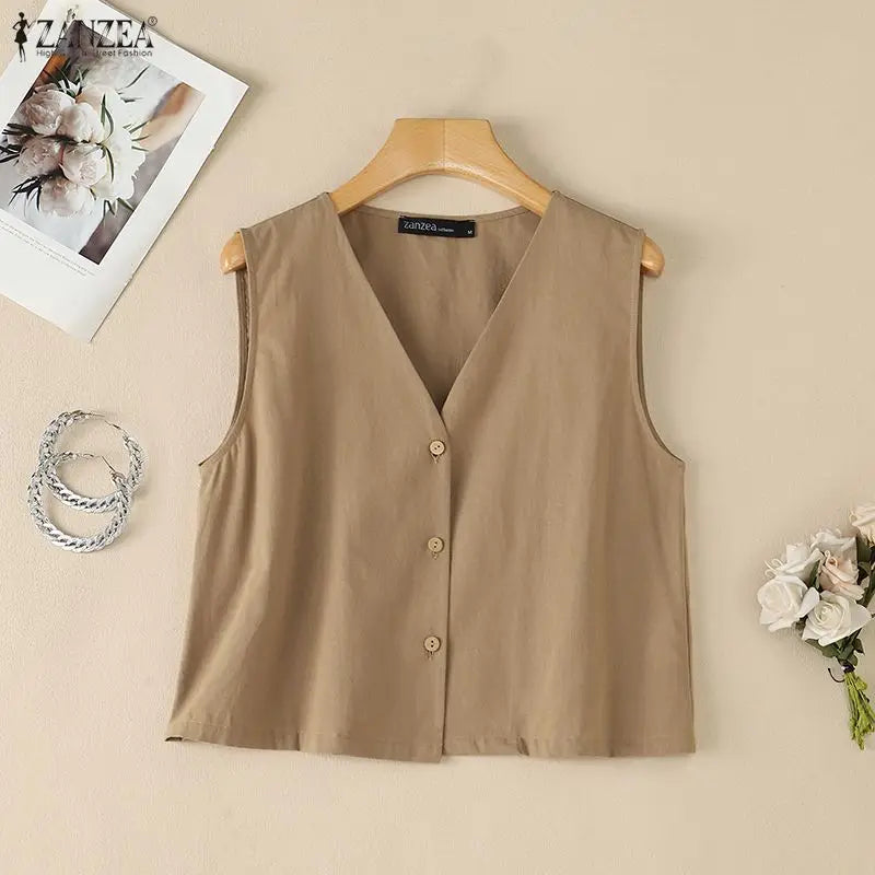 Woman Breathable Cotton Linen Solid Color Tank Tops Summer V-Neck Button Up Sleeveless Tops ZANZEA Daily Casual Vacation Tanks