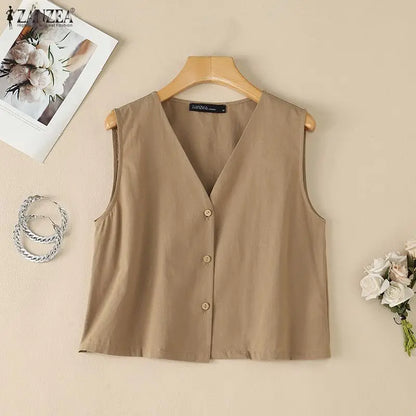 Woman Breathable Cotton Linen Solid Color Tank Tops Summer V-Neck Button Up Sleeveless Tops ZANZEA Daily Casual Vacation Tanks