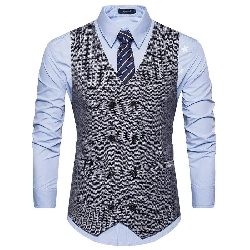 Men's Herringbone Vest Double Breasted Slim Fit Waistcoat for Weddings and Formal Occasions