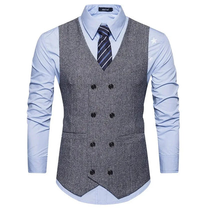 Men's Herringbone Vest Double Breasted Slim Fit Waistcoat for Weddings and Formal Occasions