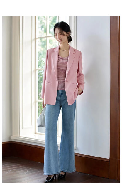 Blazer Woman Long Sleeve Notched Casual Suit Jacket Femmes 2026 Spring Fall Office Wear Loose Button Ladies Blazers A1062