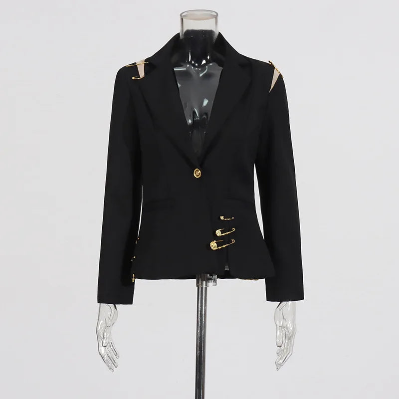 Autumn New Women Chic Blazer Asymmetrical Pin Design Single Button Slim Fit Elegant Fashion Office Lady Stylish Coat HK9876