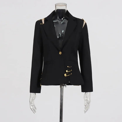Autumn New Women Chic Blazer Asymmetrical Pin Design Single Button Slim Fit Elegant Fashion Office Lady Stylish Coat HK9876