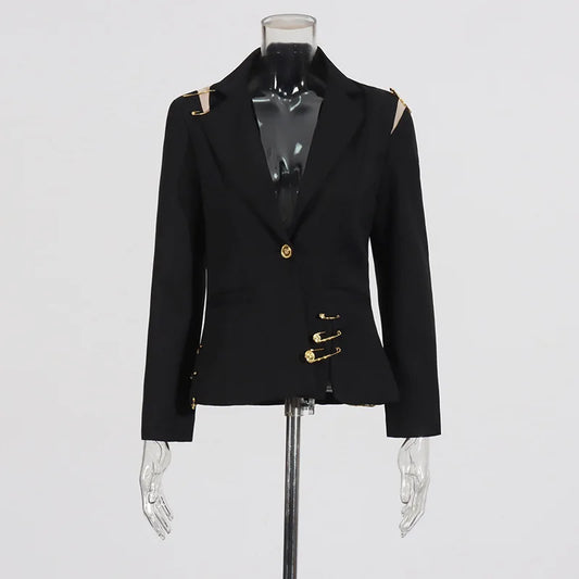 Autumn New Women Chic Blazer Asymmetrical Pin Design Single Button Slim Fit Elegant Fashion Office Lady Stylish Coat HK9876