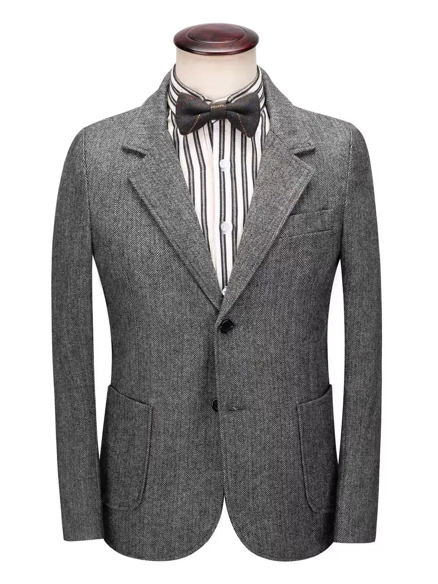 XS-6XL Blue/Gray Men's Herringbone Tweed Blazer Notch Lapel Two Buttons Tuxedo Jacket Woolen Suit Daily Office One Piece Coat