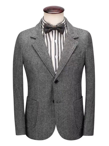 XS-6XL Blue/Gray Men's Herringbone Tweed Blazer Notch Lapel Two Buttons Tuxedo Jacket Woolen Suit Daily Office One Piece Coat