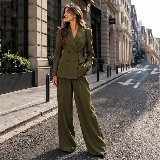Casual Women Pant Suits Solid Color Chic Double Breasted Peaked Collar Blazer Trousers Formal Business Straight Fit Outfit
