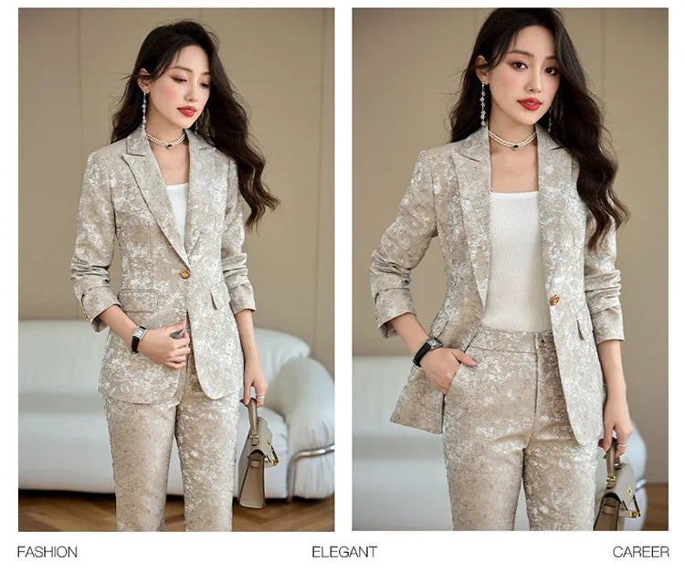 Fashion Apricot Printing Women Pant Suit Elegant Business Office Ladies 2 Piece Set Female Formal Blazer And Trouser