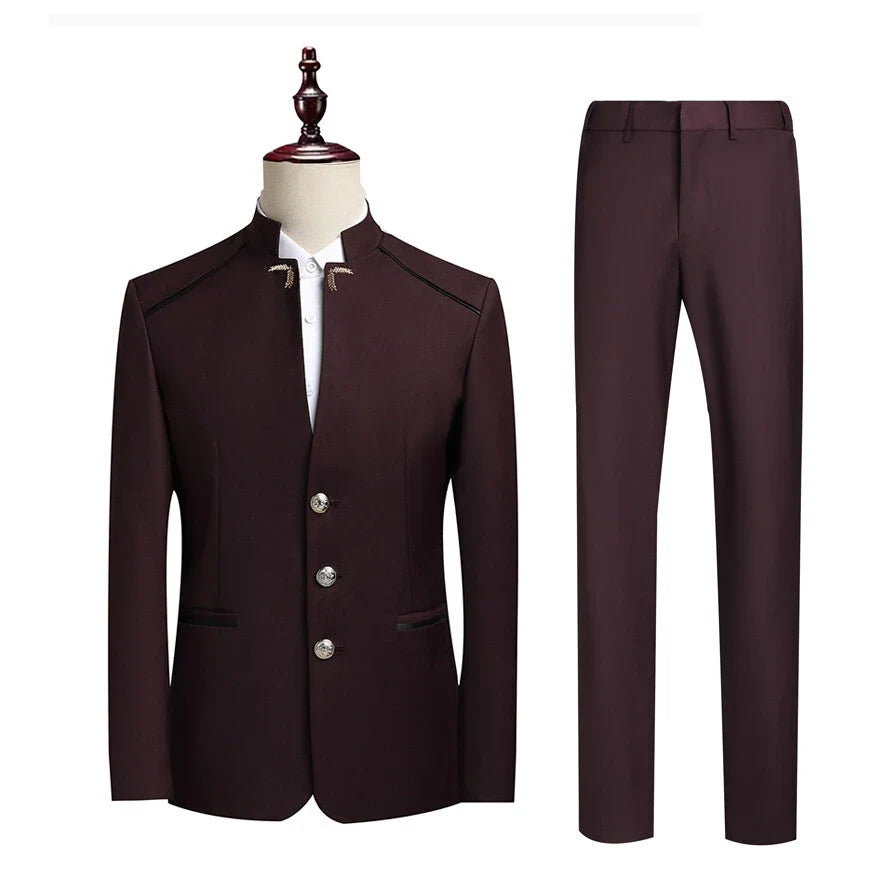Men's Single-Breasted Slim Suit Two-Piece Set – Chinese-Style Stand-Up Collar – Smart Casual