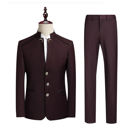 Men's Single-Breasted Slim Suit Two-Piece Set – Chinese-Style Stand-Up Collar – Smart Casual