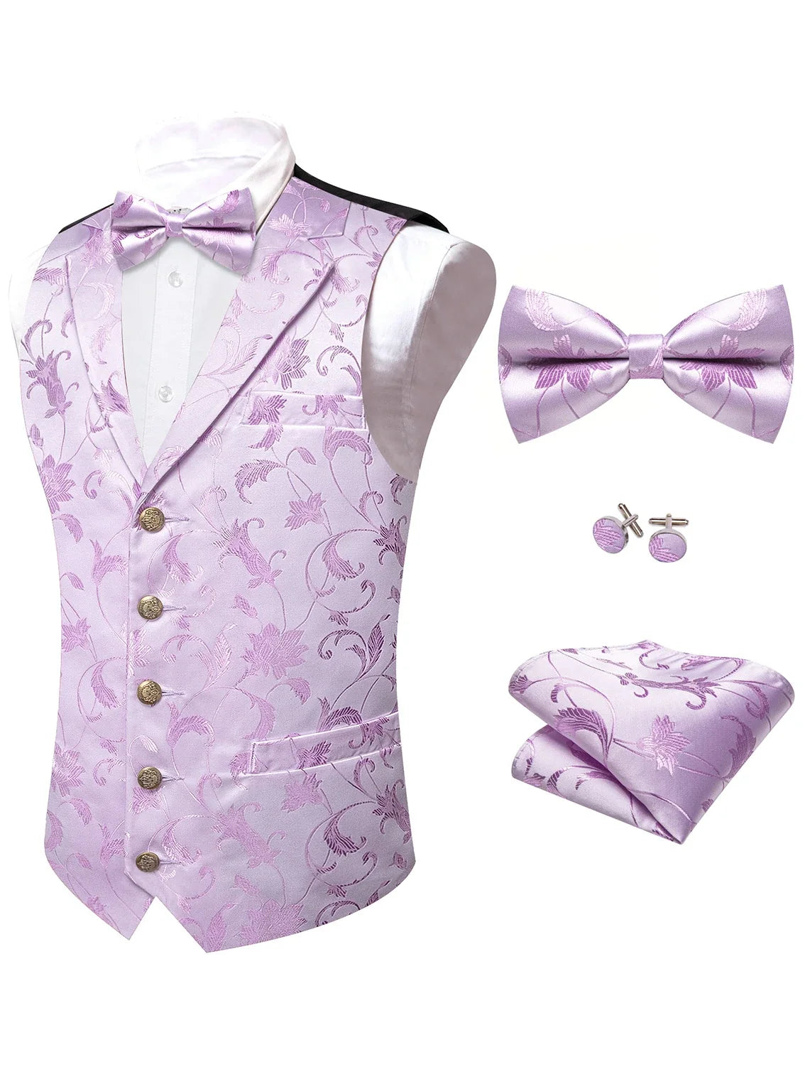 Men's Floral Jacquard Vest Bowtie Set – Pink Wedding Waistcoat for Men