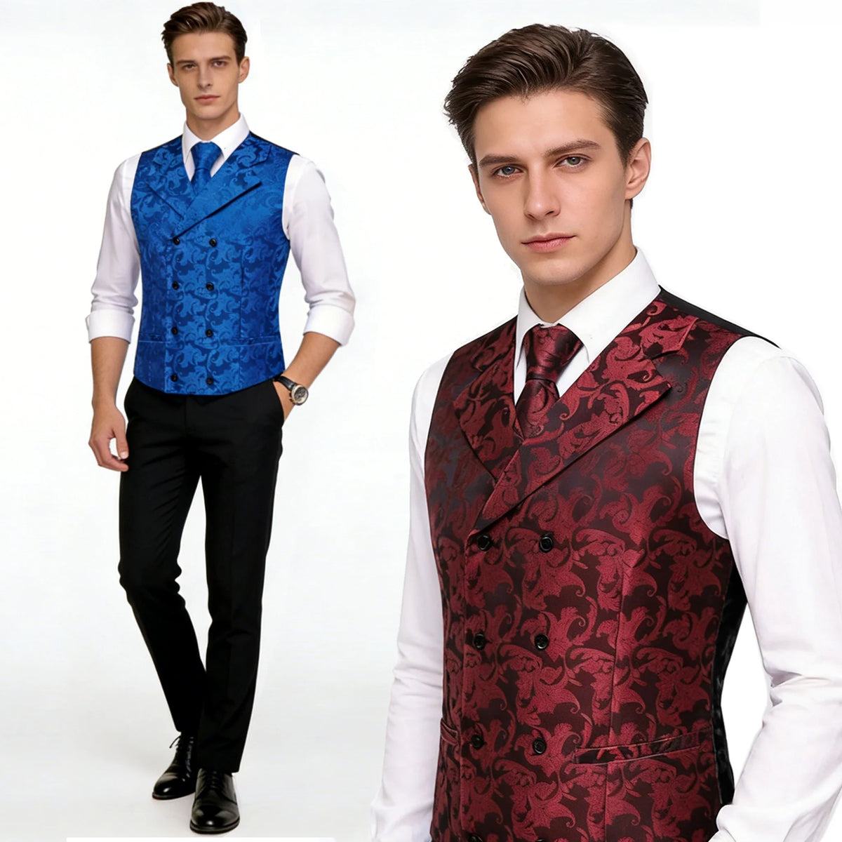 Men's Double Breasted Vest Set – Floral Jacquard Waistcoat with Tie, Pocket Square & Cufflinks for Weddings & Formal Events