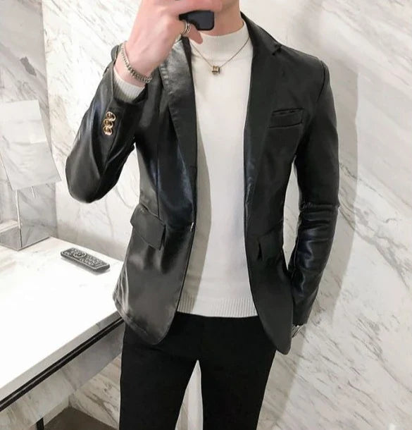 Thin Leather Man Suits and Blazers Simple Breasted Clothing Handsome Classic Menswear High Quality Coats Casual Jacket for Men