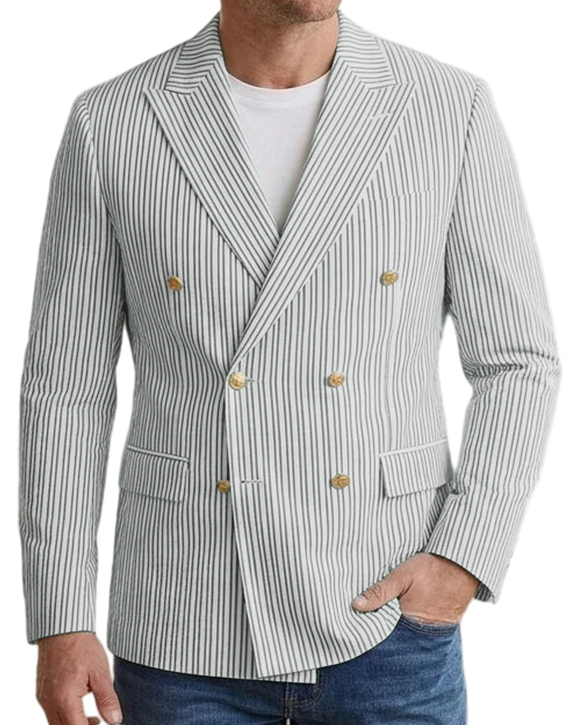 Vintage Men's Striped Double Breasted Blazer Casual Business Suit Jacket Lightweight Notched Lapel Sport Coat Wedding Party Wear