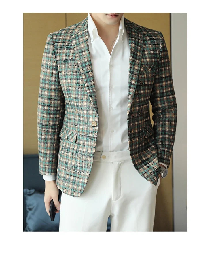 British Style Plaid Woven Casual Suit Jacket for Men Slim Fit Business Social Dress Coats Wedding Party Banquet Office Blazers