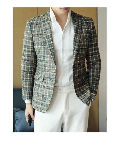 British Style Plaid Woven Casual Suit Jacket for Men Slim Fit Business Social Dress Coats Wedding Party Banquet Office Blazers