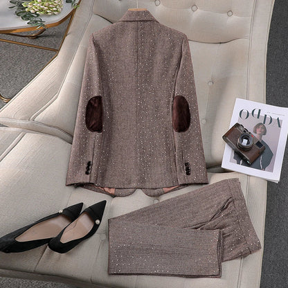 Elegant Vintage Blazer Pants Set for Woman 2 Pieces Matching Sets Autumn 2026 Office Lady Jacket and Trousers Suit Brown