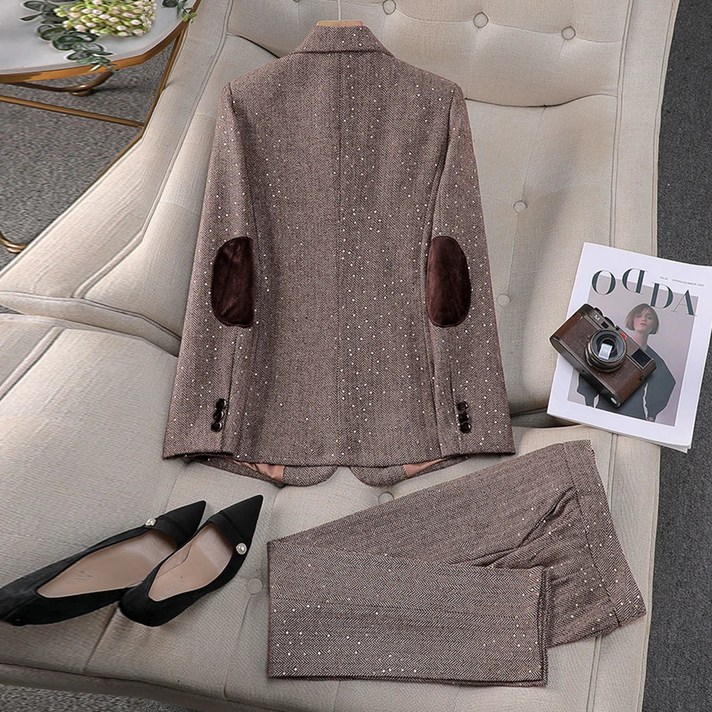 Elegant Vintage Blazer Pants Set for Woman 2 Pieces Matching Sets Autumn 2026 Office Lady Jacket and Trousers Suit Brown