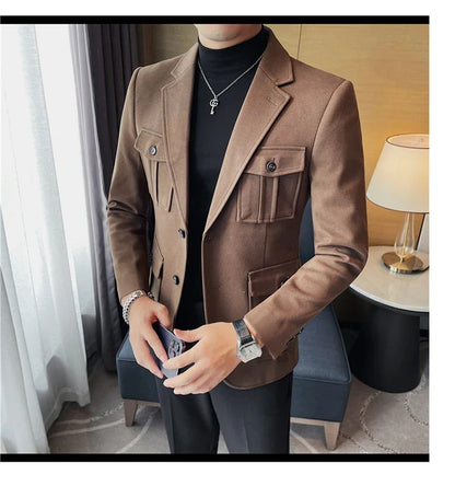 Winter Woolen Suit Jacket for Men Multiple Pockets Slim Fit Casual Business Blazers Masculino Wedding Streetwear Social Coats