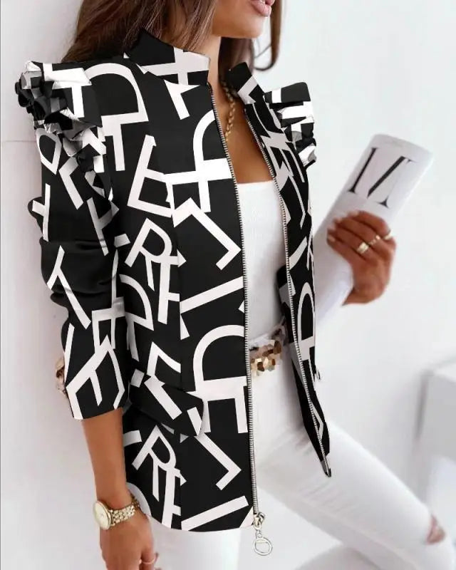Autumn Winter Long Sleeve Print Blouse Women's Slim Fit Suit Jacket with Lace Hem Zipper Closure Fashionable Elegant Style
