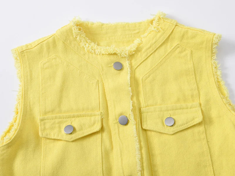 Autumn Women Denim Vests Sleeveless Waistcoat Students Casual Sleeveless Tops Jeans Jackets Pink Yellow White Orange Green 5XL