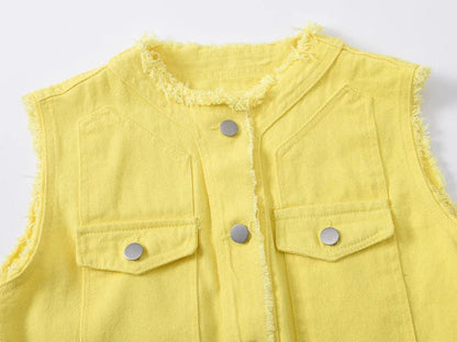 Autumn Women Denim Vests Sleeveless Waistcoat Students Casual Sleeveless Tops Jeans Jackets Pink Yellow White Orange Green 5XL