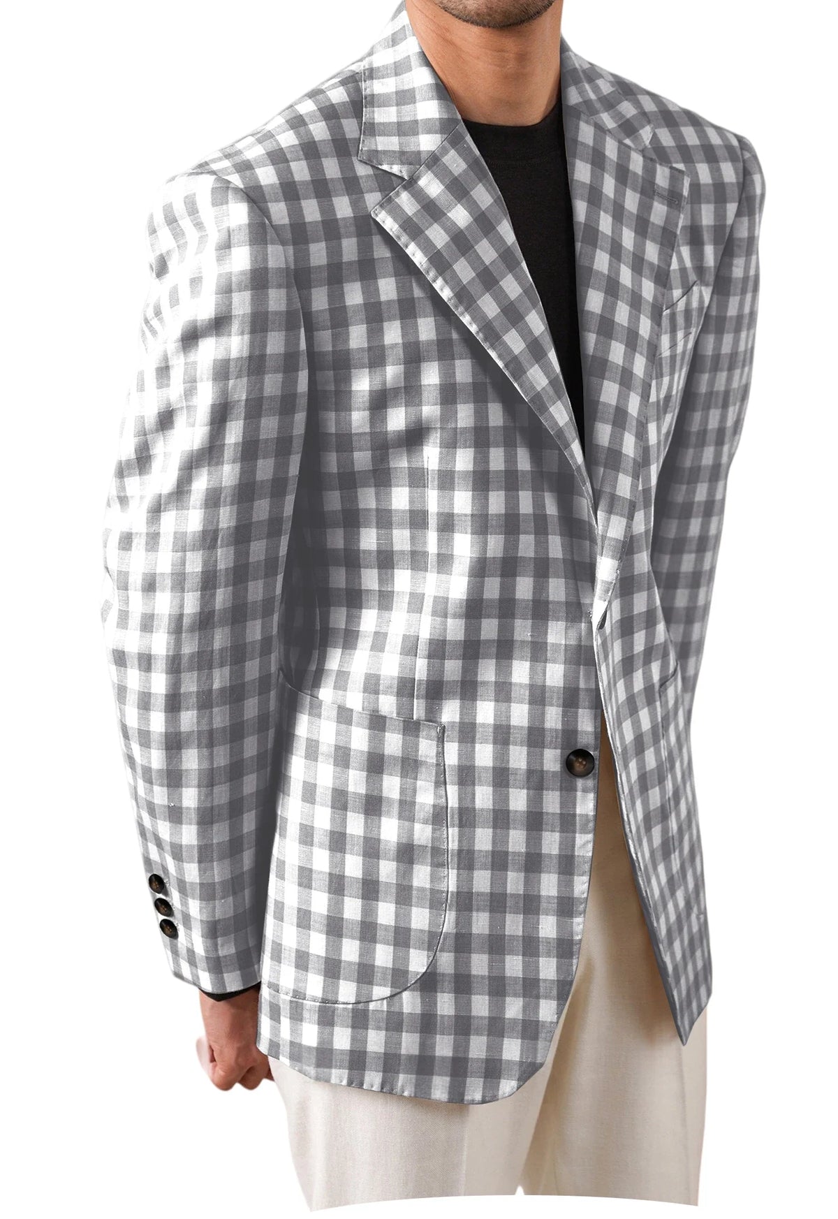 Men's Checkered Cotton Blazer Notched Lapel Single-Breasted Casual Business Summer Sport Coat with Patch Pockets