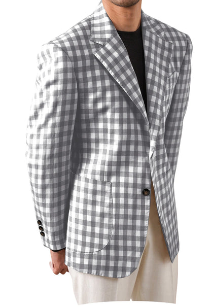 Men's Checkered Cotton Blazer Notched Lapel Single-Breasted Casual Business Summer Sport Coat with Patch Pockets