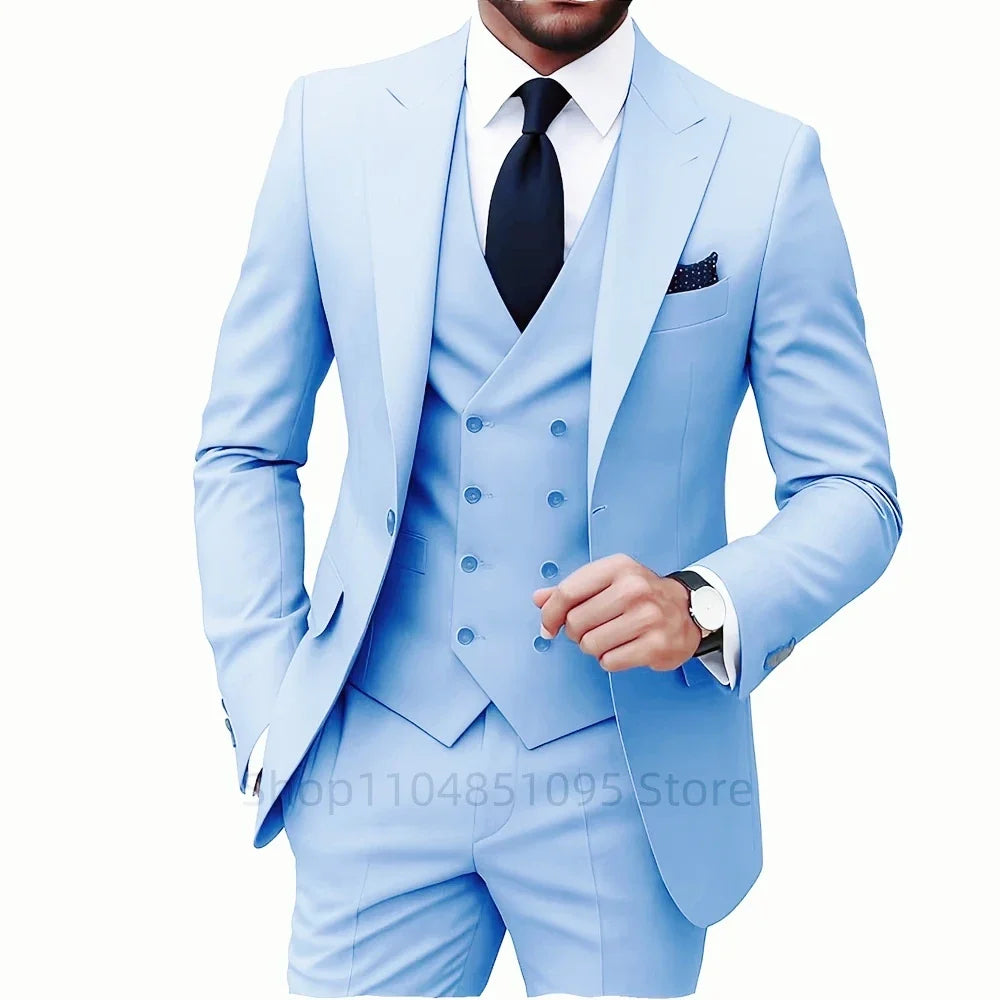Nouveaux costumes solides pour hommes Coupe ajustée Mariage Garçon d'honneur Tuxedo Gilet Blazer Pantalon 3 pièces Tenue de mariage tendance