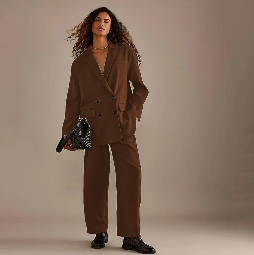 Leisure Brown Double Breasted Women Pants Set High-end Female Two Pieces(Jacket+Trousers)أطقم بناطيل