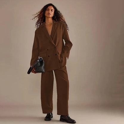 Leisure Brown Double Breasted Women Pants Set High-end Female Two Pieces(Jacket+Trousers)أطقم بناطيل