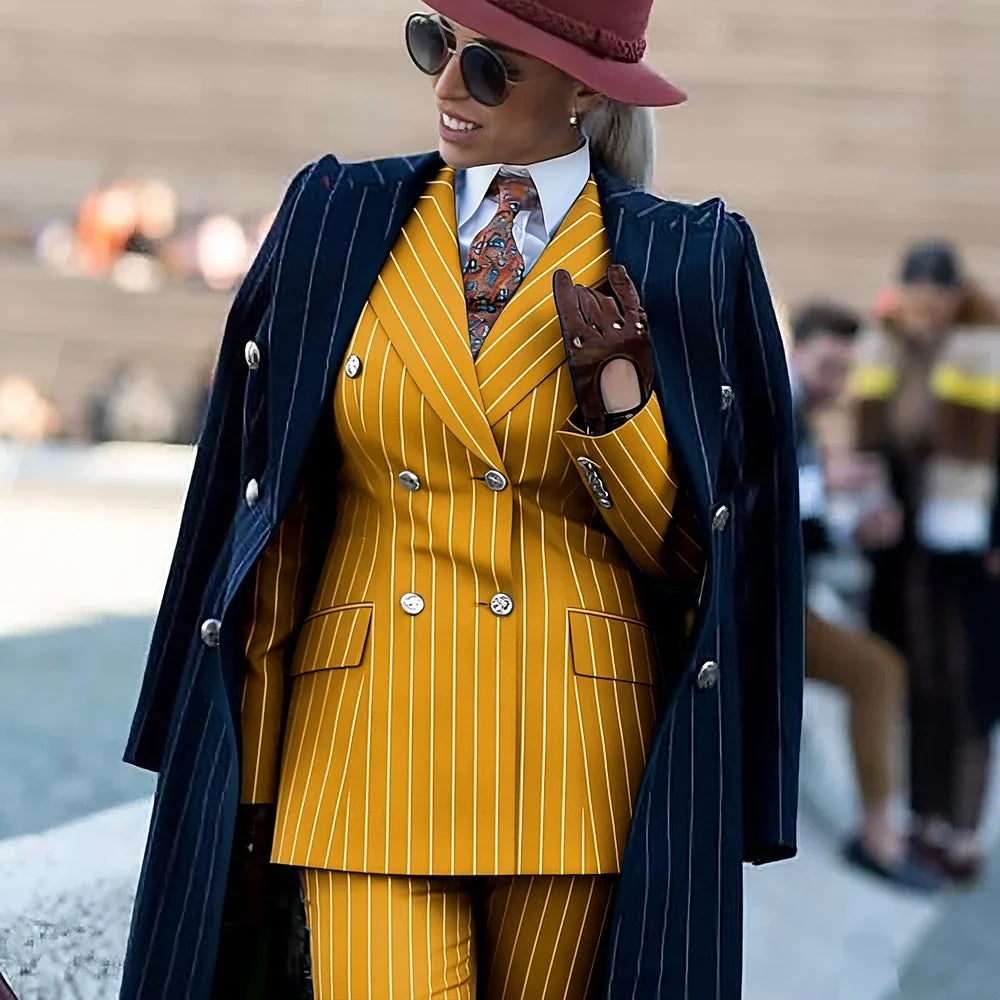 Formal Women's Burgundy Pinstripe Suit with Navy Blue Striped Coat Double Breasted 3Piece Set Elegant Evening Party Outerwears