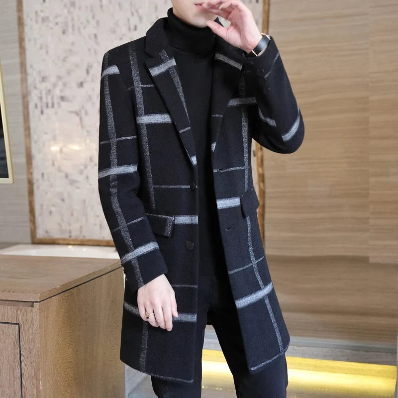 Korean Fashion Woolen Coat Men's Mid-Length Slim-Fit Trench Youth Business Casual 2023 Autumn Winter New Style