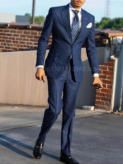 Navy Blue Striped Men Suits Slim Fit Notch Lapel Single Breasted Blazer Pants Set Wedding Groom Tuxedos 2 Piece Business Suits