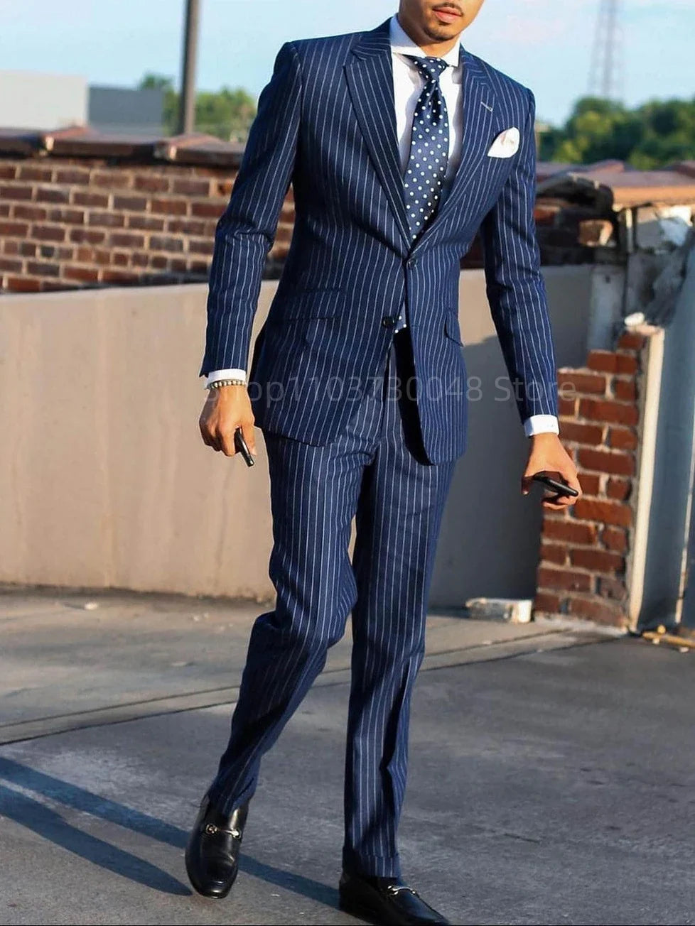 Navy Blue Striped Men Suits Slim Fit Notch Lapel Single Breasted Blazer Pants Set Wedding Groom Tuxedos 2 Piece Business Suits