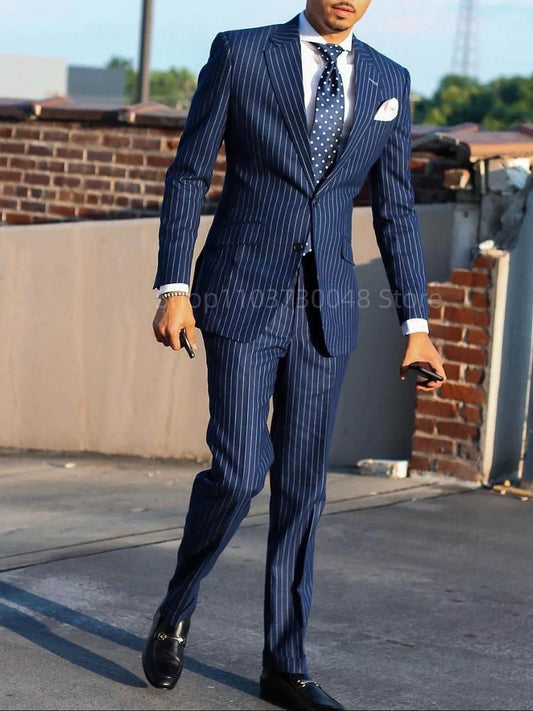Navy Blue Striped Men Suits Slim Fit Notch Lapel Single Breasted Blazer Pants Set Wedding Groom Tuxedos 2 Piece Business Suits