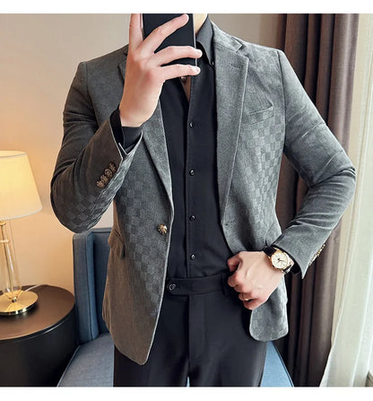 2024 Spring Plaid Blazers Men Single Breasted Casual Business Suit Jacket Fashion Slim Social Banquet Wedding Groom Dress Coats
