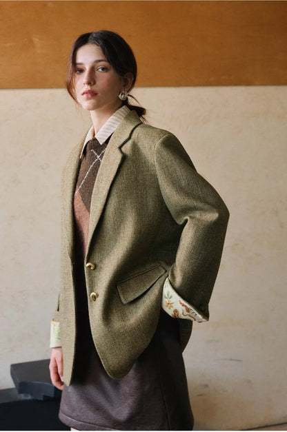 Women's Blazer Floral Spliced Jacquard Cuff Blazers Spring 2026 Old Money Style Oversize Long Wool Coats GO57DN002081