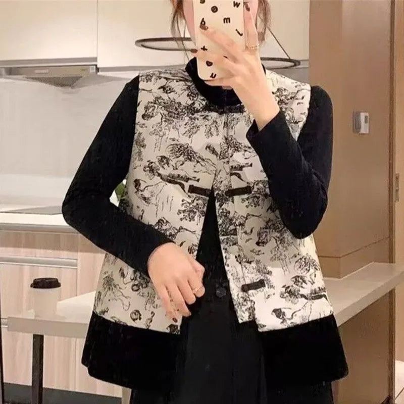 Women Light National Style Button Ink Tang Costume Coat Spring Autumn Female Sleeveless Small Coat Ladies New Chinese Style Vest