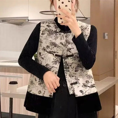Women Light National Style Button Ink Tang Costume Coat Spring Autumn Female Sleeveless Small Coat Ladies New Chinese Style Vest